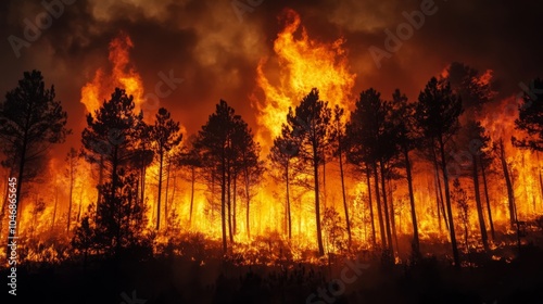 Intense Forest Fire at Dusk