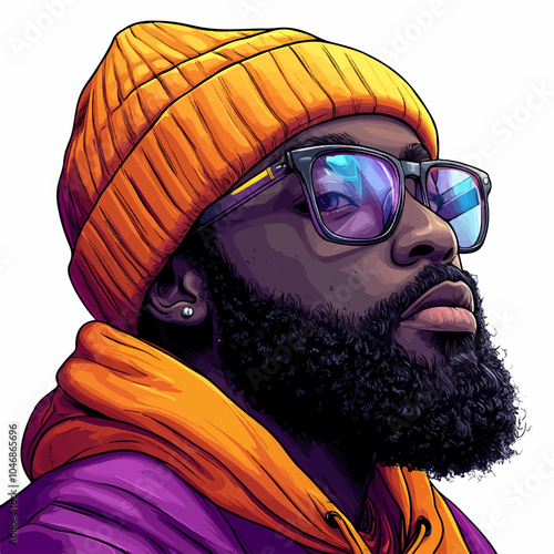 A vibrant and stylish illustration of a bearded man wearing a yellow beanie and oversized glasses, set against a white background, emphasizing his trendy and confident demeanor