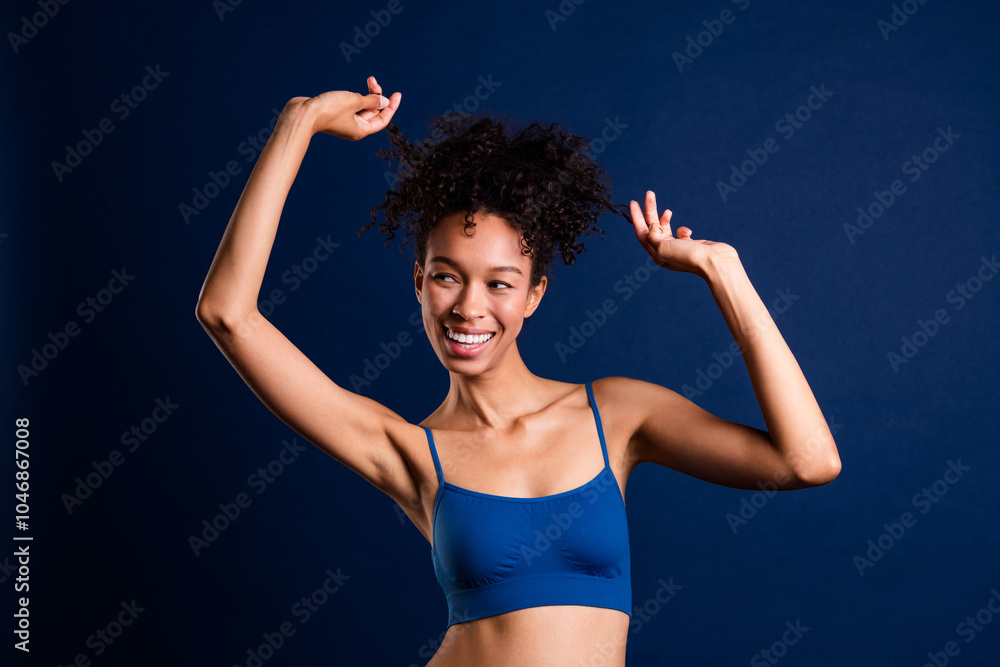 Photo of young lady look empty space hold hair strand lingerie no filter self acceptance all body perfect isolated on dark blue background Photo of young lady look empty space hold hair strand lingerie no filter self acceptance all body perfect isolated on dark blue background
