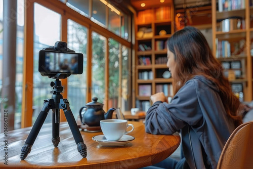 Smartphone on a tripod in a cafe. Recording video on a smartphone for a social media blog in a modern cafe or restaurant. Influencer using social media indoors. photo