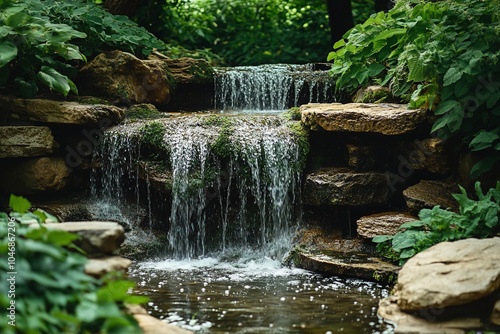 Peaceful Waterfall Surrounded by Vibrant Greenery.