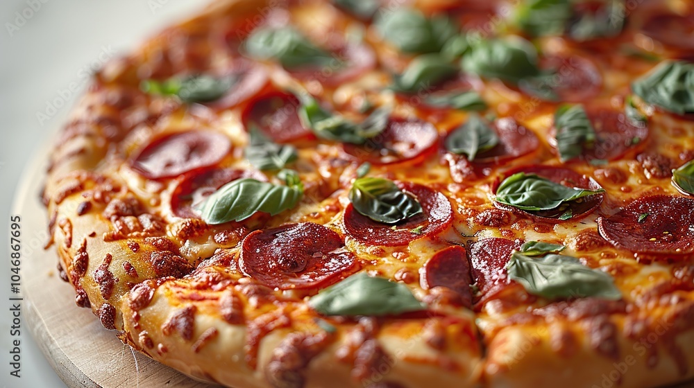 Close-up of a delicious pepperoni pizza topped with fresh basil leaves. Close-up of a delicious pepperoni pizza topped with fresh basil leaves.
