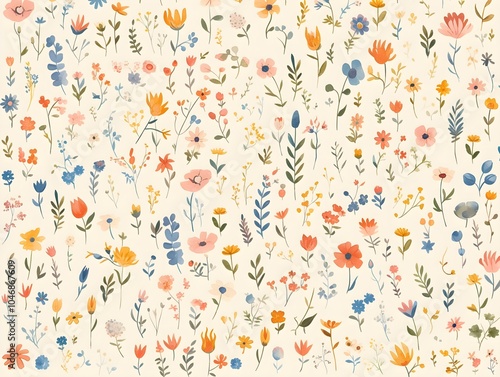 A watercolor painting in light pastel colors featuring various plants in a simplified pattern