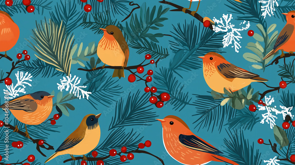 Obraz premium Winter festive seamless pattern with birds,red berries and pine needles.Timeless Christmas print for wrapping paper,fabric or creating a cozy and winter atmosphere.