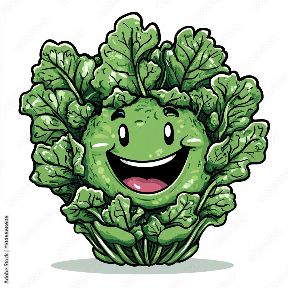 A cartoon amaranth greens with a playful grin A cartoon amaranth greens with a playful grin