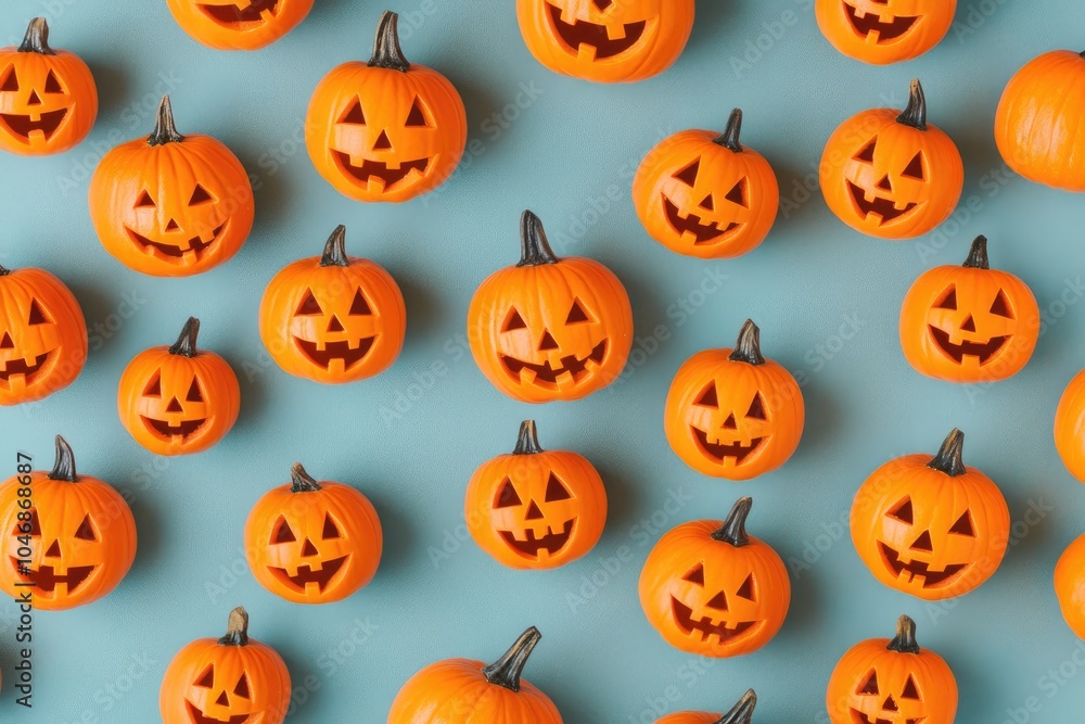 A Pattern of Carved Jack-o'-Lanterns on a Light Blue Background A Pattern of Carved Jack-o'-Lanterns on a Light Blue Background