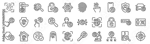 Set of 30 outline icons related to fingerprint. Linear icon collection. Editable stroke. Vector illustration