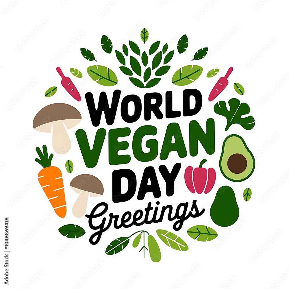 World Vegan Day Greetings with Vegan Foods and Leaves World Vegan Day Greetings with Vegan Foods and Leaves