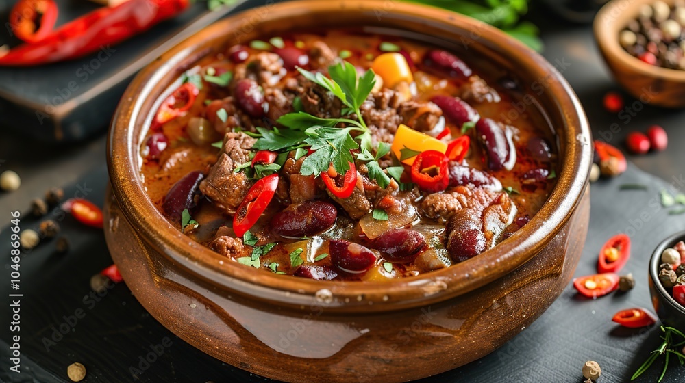 A hearty bowl of chili with red beans, beef, peppers, and onions, garnished with parsley and chili flakes. A hearty bowl of chili with red beans, beef, peppers, and onions, garnished with parsley and chili flakes.