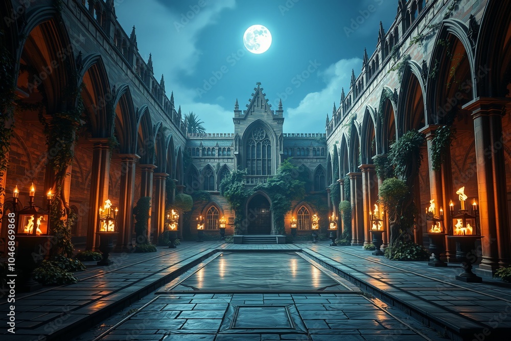 Moonlit courtyard with gothic arches and glowing braziers.generative AI
Moonlit courtyard with gothic arches and glowing braziers.generative AI