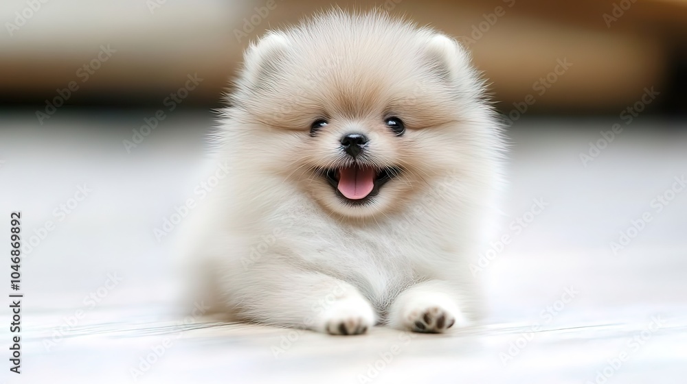 A fluffy white Pomeranian puppy with a happy expression A fluffy white Pomeranian puppy with a happy expression