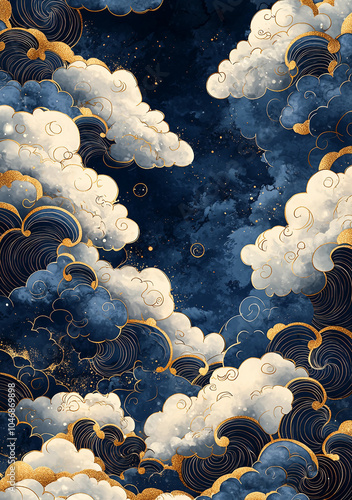  Traditional Japanese Style Art with Delicate Swirling Cloud Patterns for Elegant Decorative Design
