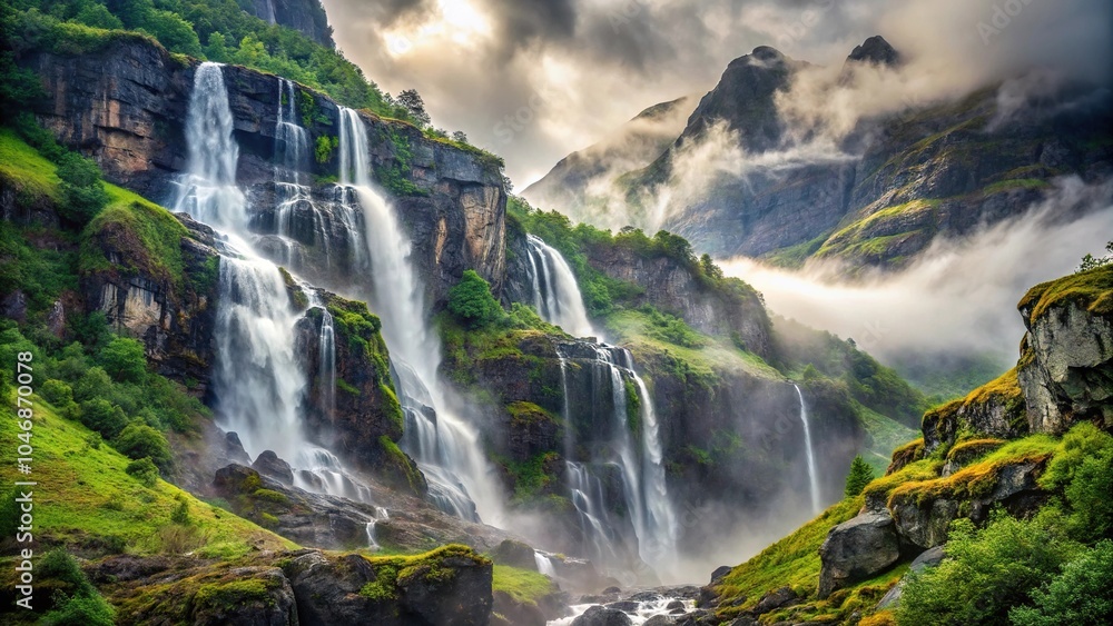 Naklejka premium Misty mountainside with waterfalls cascading down rocky cliffs, misty landscape, mountain scenery, natural wonders, rugged landscapes