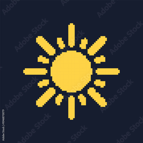 Vintage Video Game Currency Symbol. Sun Pixel Art Icon. Retro Game Yellow Sun Isolated on Dark Background. Isolated Vector Illustration
