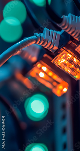 A close-up shot of illuminated internet cables against a blue backdrop with green and orange lighting. Captured using a Canon EOS R5 for product photography.

