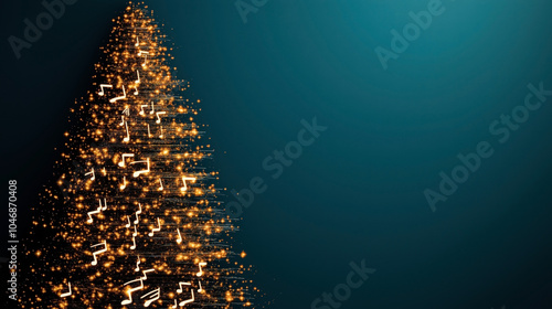 Digital Christmas tree design with glowing musical notes on a dark background, representing festive holiday celebrations with a musical theme. photo