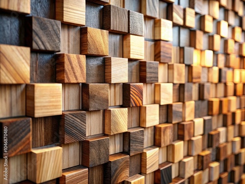 Stunning Tilt-Shift Photography of Wood Block Wall Background with Light and Dark Timber Square Tile Pattern, Perfect for Interior Design and Home Decor Inspiration