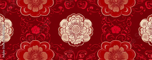  Korean Traditional Red Pattern Wallpaper in Repeated Cartoon Style Design with Vibrant Visuals and Cultural Charm