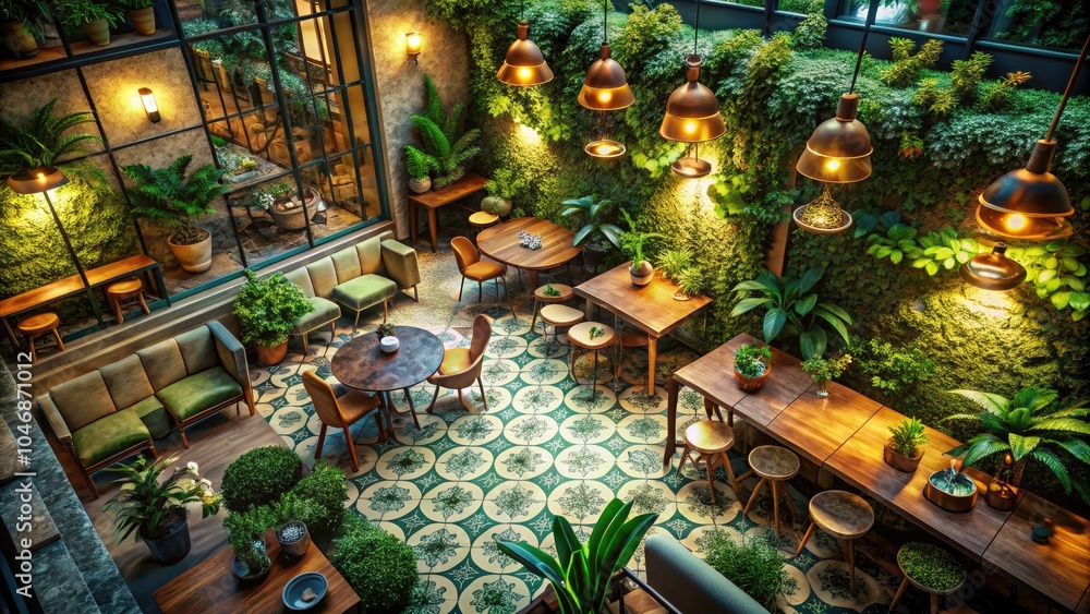 Sunlit Cafe Interior with Lush Green Plants, Art Decor, and Colorful Patterned Tiles – A Cozy, Inviting Space for Relaxation and Creativity Sunlit Cafe Interior with Lush Green Plants, Art Decor, and Colorful Patterned Tiles – A Cozy, Inviting Space for Relaxation and Creativity