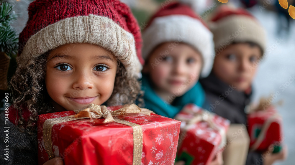 A group of children smiles as they hold shiny wrapped gifts during the Christmas holiday season. Christmas and New Year greetings A group of children smiles as they hold shiny wrapped gifts during the Christmas holiday season. Christmas and New Year greetings