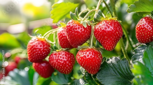 Ripe Red Strawberries on a Vine in the Sunlight