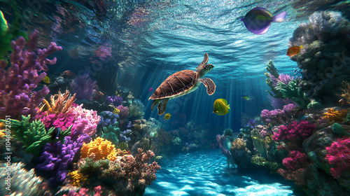 Sea turtles gracefully gliding through a vibrant coral reef, their shells dappled with sunlight. Colorful fish swim around them photo