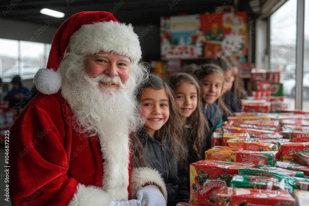 Santa Claus delivers gifts to children in an urban setting during the Christmas holiday season, spreading joy and cheer. Christmas and New Year greetings Santa Claus delivers gifts to children in an urban setting during the Christmas holiday season, spreading joy and cheer. Christmas and New Year greetings