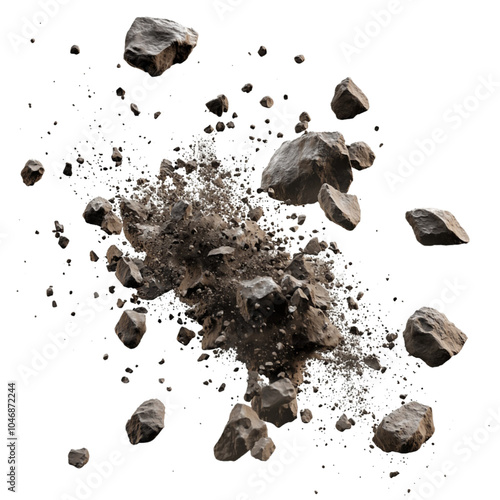 Dynamic close-up of rocks exploding in mid-air, capturing the intricate details of debris and fragments in motion. photo