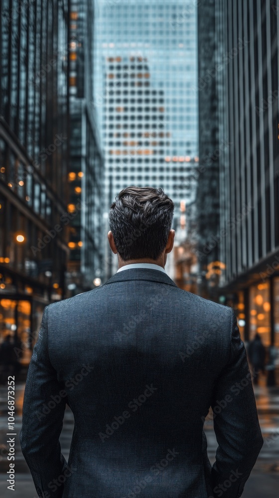 A man in a suit stands in the rain, looking up at the sky A man in a suit stands in the rain, looking up at the sky
