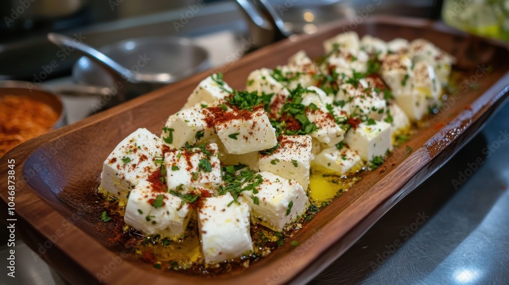 A rustic wooden platter is laden with feta cheese cubes garnished with herbs and spices, capturing the essence of Mediterranean flavors. A rustic wooden platter is laden with feta cheese cubes garnished with herbs and spices, capturing the essence of Mediterranean flavors.