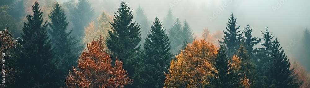 Lush forest with vibrant autumn foliage and misty backdrop creating a serene natural scene. Lush forest with vibrant autumn foliage and misty backdrop creating a serene natural scene.