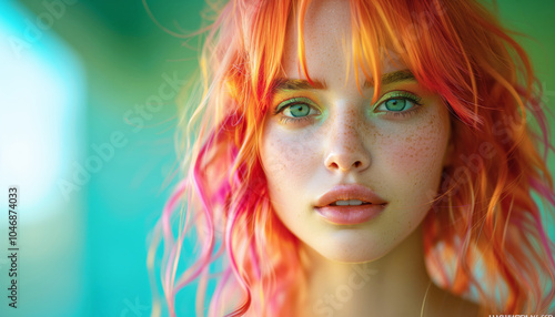 High detailed close up portrait of young female with Dyed Multi Colors Hair hairstyle and brighty make-up on vibrant Green wall. Modern teens expressional serene outlook with individuality accent. photo