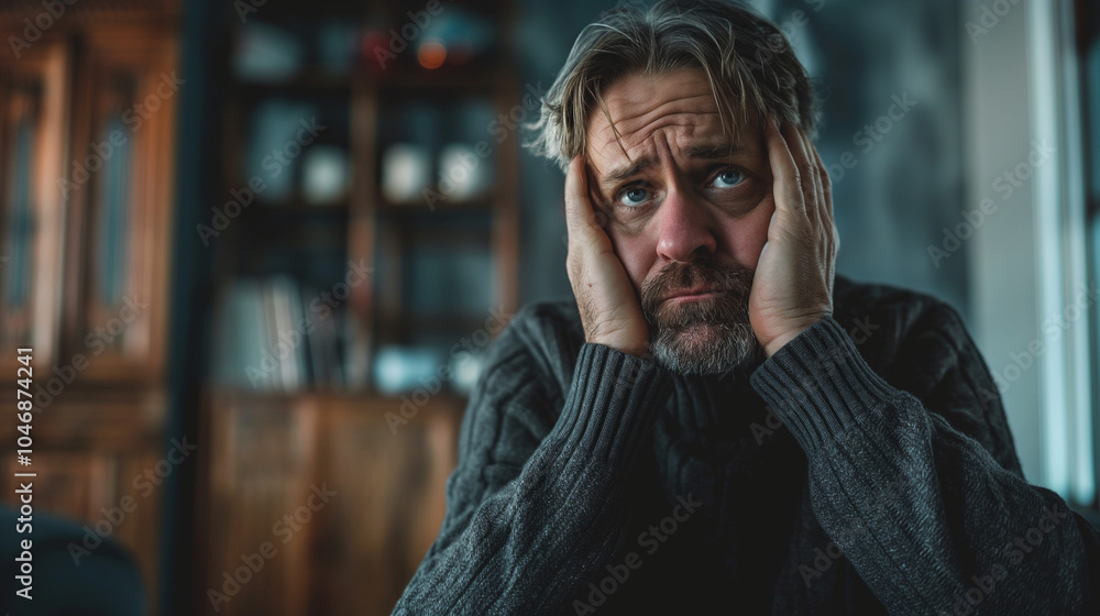 A stressed out man holding his head in his hands A stressed out man holding his head in his hands