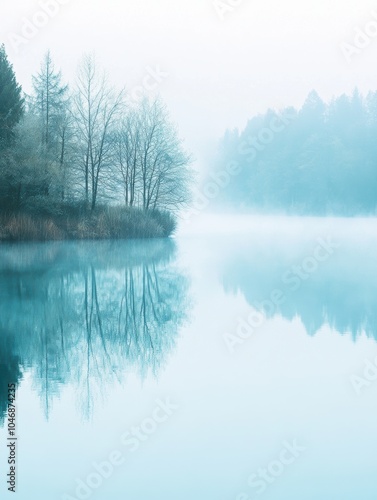 The lake is enveloped in mist as it mirrors the surrounding trees, providing a serene atmosphere perfect for relaxation and contemplation. Generative AI