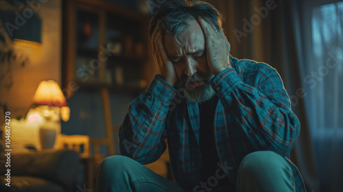 A stressed out man holding his head in his hands photo