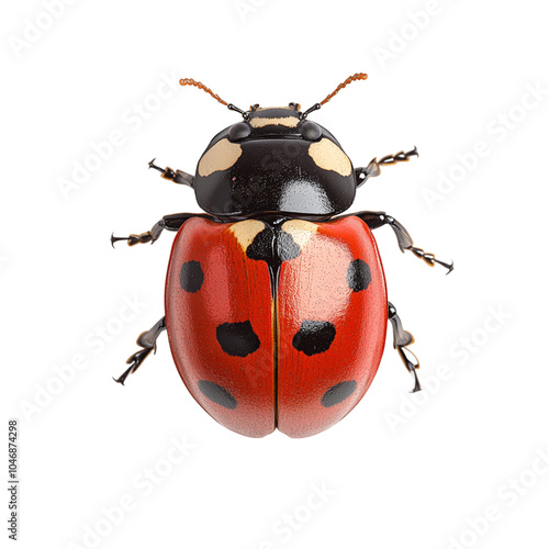 Close-up of a vibrant ladybug with red wings and black spots on a white background, highlighting its detailed features and colorful pattern.
