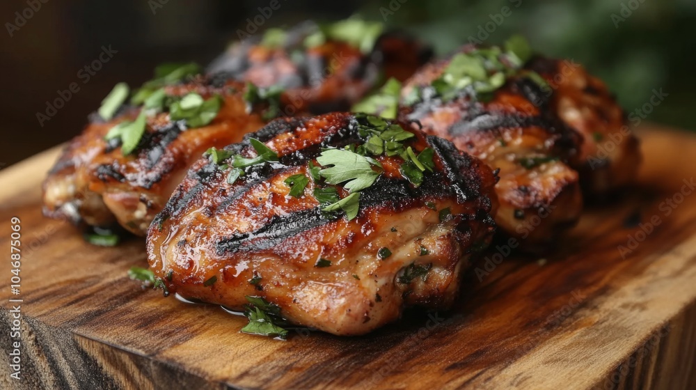 Grilled Chicken Thighs with Fresh Herbs on Wooden Board Grilled Chicken Thighs with Fresh Herbs on Wooden Board