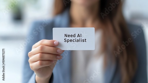 Businessperson holding a card reading 'Need AI Specialist', emphasizing demand for artificial intelligence expertise in modern industry.