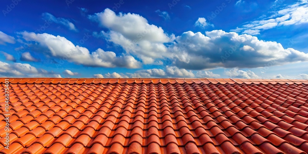 red tile roof on blue sky with cloud background red tile roof on blue sky with cloud background