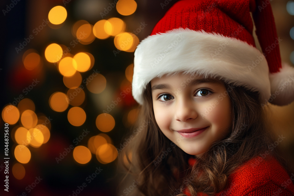 AI generated image of charming girl wear red santa claus hat christmas tree bokeh lights dark background AI generated image of charming girl wear red santa claus hat christmas tree bokeh lights dark background