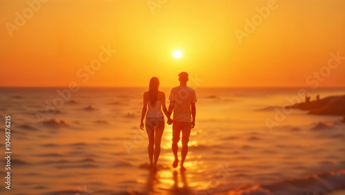 A Romantic Scene of Two People Walking Together by the Ocean at Sunset, Embodying Love and Companionship Amid a Golden Horizon