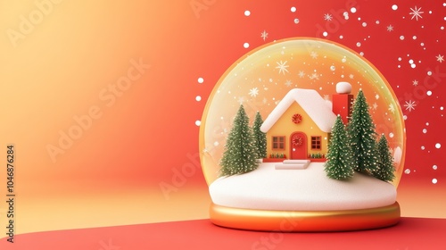 Christmas Snow Globe with trees and house. Happy New Year and Merry Christmas banner photo