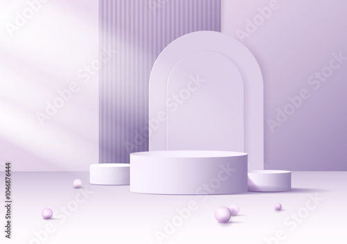 Luxury 3D background with Podium stand set in pastel lilac colors.Empty podium background. Wall minimal mockup cosmetic product display.Product presentation. Minimal scene pedestal podium arch. Vector