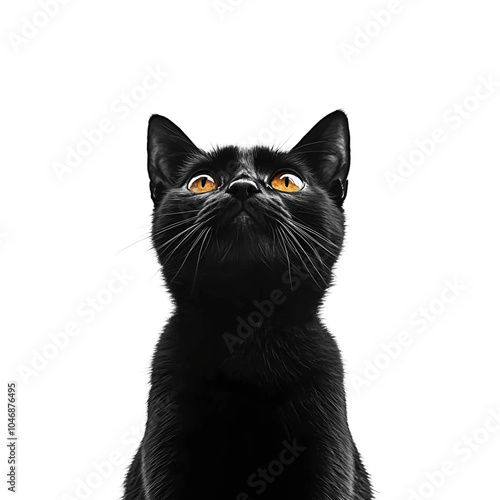 Black cat looking up with bright yellow eyes on a transparent background, ideal for Halloween and pet-themed designs photo