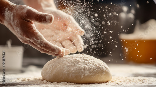 baker kneading dough on table