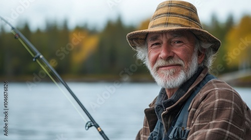 Canadian man with a fishing rod, looking ready