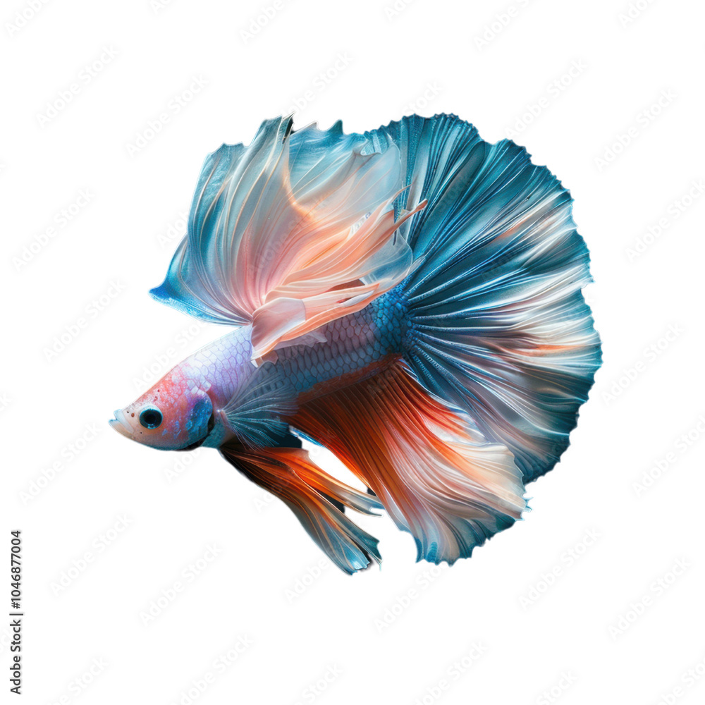 Fototapeta premium Vibrant and colorful Betta fish with flowing fins, displaying shades of blue, orange, and white against a white background.