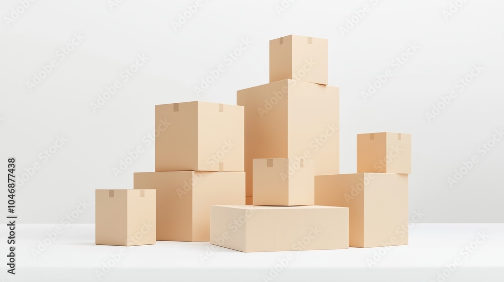 A collection of stacked cardboard boxes arranged on a clean surface in a bright, minimalistic setting. A collection of stacked cardboard boxes arranged on a clean surface in a bright, minimalistic setting.