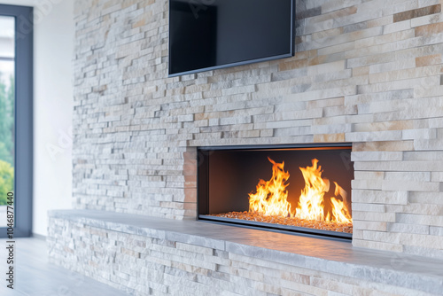 A contemporary fireplace built into a sleek stone accent wall photo