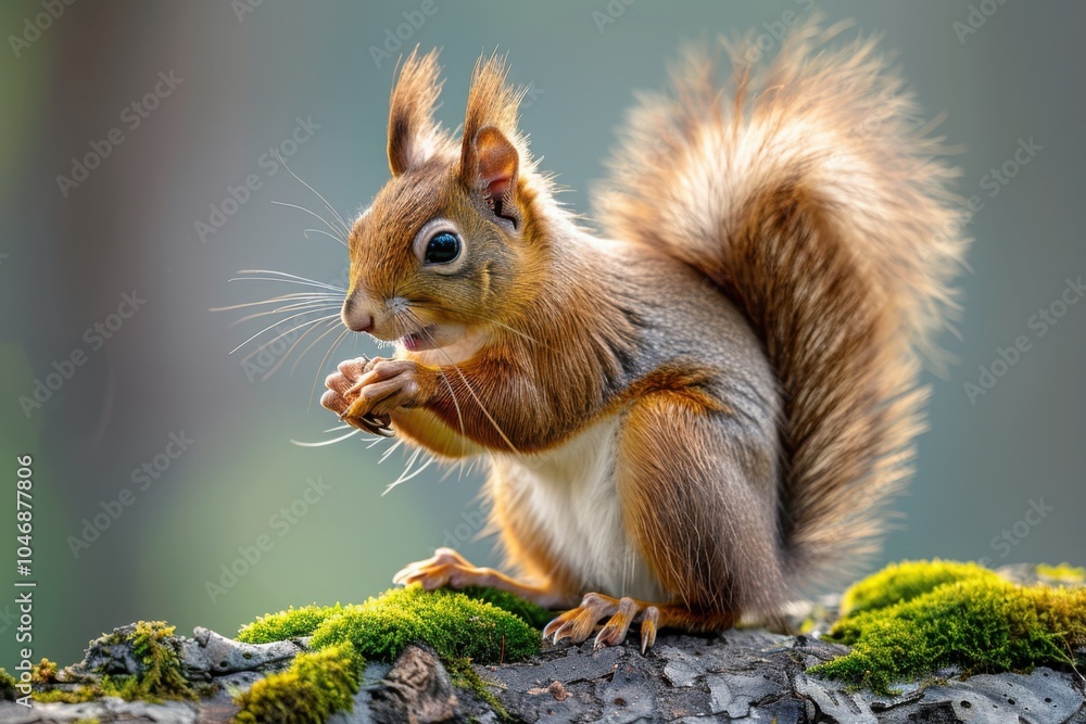 Squirrel eating on a mossy log in a forest setting during autumn
Squirrel eating on a mossy log in a forest setting during autumn